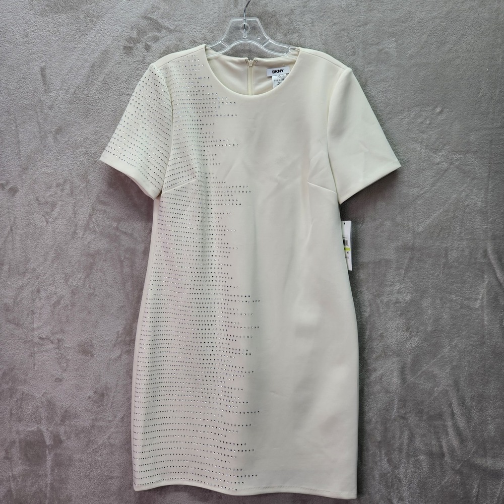 DKNY Dress Womens 4 Ivory Rhinestone Short Sleeve Sheath Knee Length Office Work